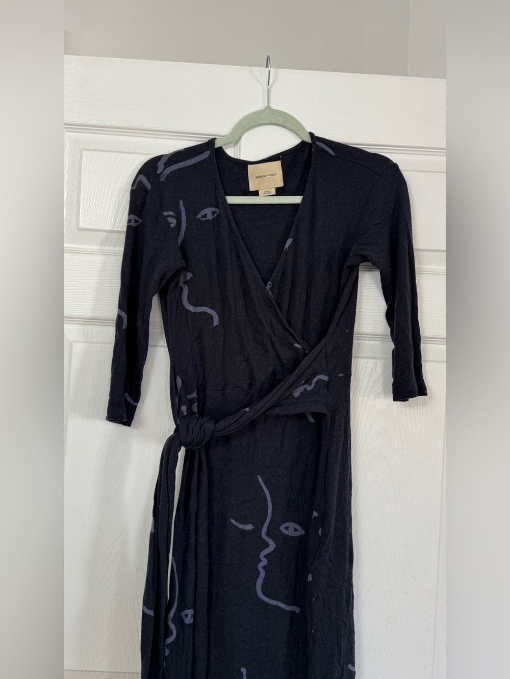 Paloma Wool Navy Wrap Midi Dress with Lavender Line Faces - Picture 2 of 8